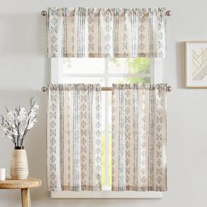 jinchan Boho Stripe Kitchen Curtains and Valance Set Linen Tier Curtains Bohemian Small Window Drapes 36 Inch for Cafe Living Room Bathroom Window Treatments Rod Pocket 3 Pieces Set Blue on Beige