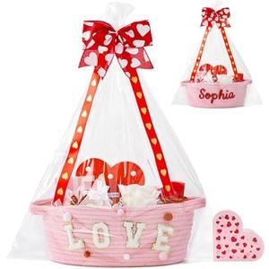 InfiBay Valentines Day Basket, Valentines Gift Baskets Empty, Woven Rope Pink Baskets with Handle, Ribbon, Row Decor, Personalized Monogrammed Woven Basket, Valentine Storage Baskets for Him Her