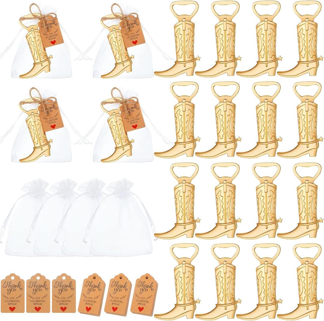 Meanplan 99 Pcs Cowboy Boot Bottle Opener Set Cowgirl Western Derby Wedding Party Favor Includes Cowboy Beer Bottle Opener Organza Bag Thank You Tag and Jute Rope for Guest Wedding Party Baby Shower