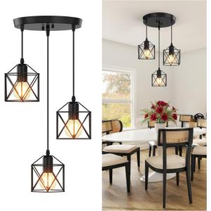 3 Light Pendant Lighting, Farmhouse Hanging Light Fixture for Kitchen Island & Dining Room, Industrial Vintage Ceiling Lamp with E26 Base, Adjustable Height, Matte Black