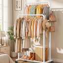 Delamu Double Rods Clothing Rack for Hanging Clothes, Portable Wardrobe Closet Rack, Metal Garment Rack with Rolling Wheels, White