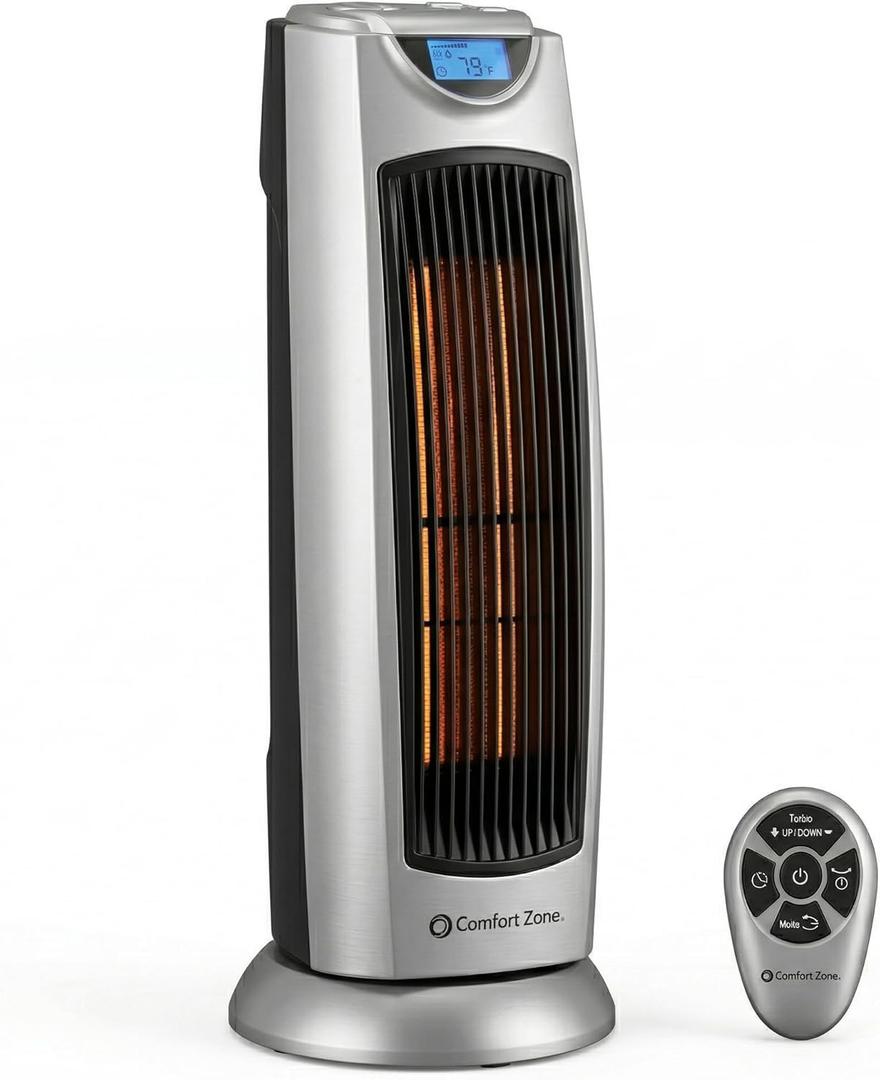 Comfort Zone 1,500W Ceramic Tower Space Heater with Remote, Backlit Digital Thermostat & Temperature Display, 3 Heat Settings + Fan Mode, 90 Oscillation, Timer, Overheat & Tip-Over Protection