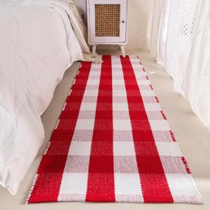 HOMEMONDE Cotton Plaid Runner Rug 2' x 6' | Red and White Checkered Hand-Woven Indoor Outdoor Area Rugs | Washable Layered Door Mat for Front Porch, Kitchen, Entryway, Farmhouse