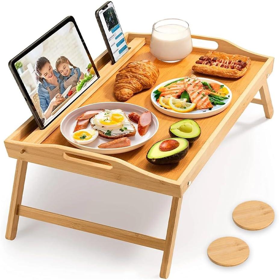 Bed Tray Eating with 2 Coasters - Large Natural Bamboo Breakfast Bed Tray for Laptops 17.3 Inches, Ideal for Food and Drinks