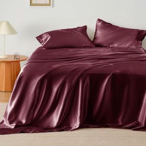 Bedsure Satin Sheets Full Size Bed Set - Luxury Silky Bed Sheet Set, Ultra Soft & Wrinkle Free, Good for Hair & Skin, Gifts for Women, 15 Inches Deep Pocket, 4-Piece (Full, Burgundy)
