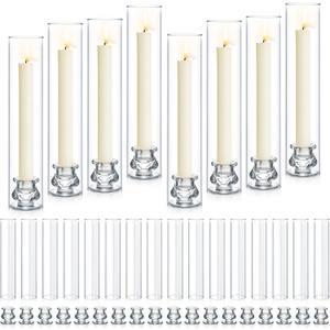 24 Set Hurricane Glass Candlestick Holders 12.6" Two Side Open Glass Candle Holders and 2.2" Taper Candlesticks Holder Bulk for Table Centerpiece Wedding Christmas Home Decor