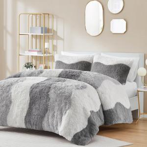 Intelligent Design Shaggy Faux Fur Comforter Set, Cozy & Soft Long Fur with Ombre Color Waves Pattern, Modern All Season Down Alternative Bed Set with Matching Sham, Cassie Full/Queen Grey 3 Piece