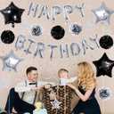 3 x Black and Silver Birthday Decorations for Men Women, Silver Happy Birthday Balloon Banner with Star Balloons, Paper Flowers, Hanging Swirls for Party Decorations