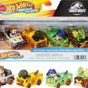 Hot Wheels Toy Cars, RacerVerse 4-Pack of Die-Cast Vehicles Featuring Jurassic World Characters Charlie, Owen, Dilophosaurus & Allosaurus as Drivers