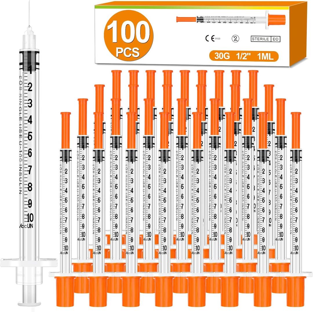 100 Pack 1ml Syringes with Needle-30Ga 0.5 Inch, Individually Sealed Packaging