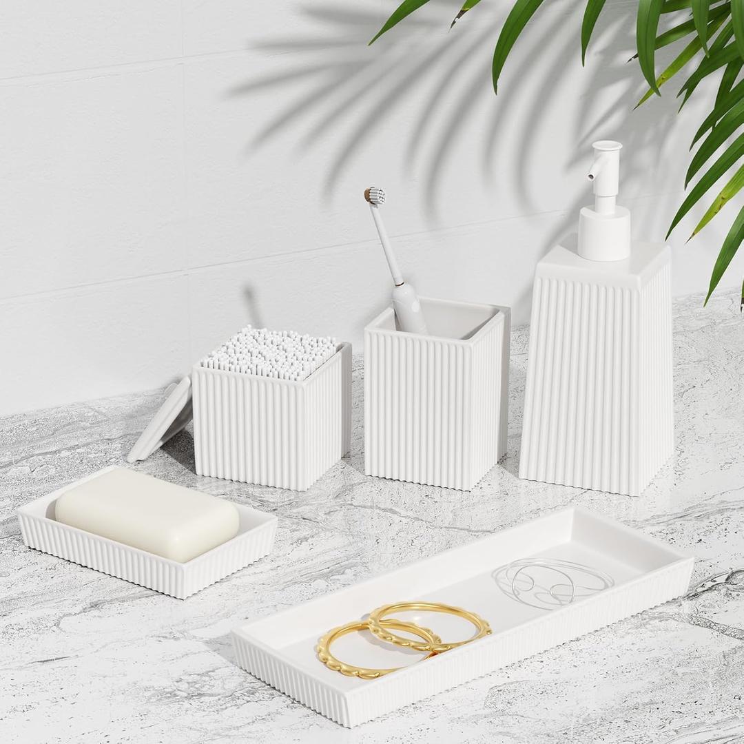 XLHOMO Bathroom Set - White Bathroom Accessories Set, 5PCS Ceramic Bathroom Accessory Set, Bathroom Sets with Soap Dispenser, Toothbrush Tumbler, Soap Dish, Q-tip Holder & Vanity Tray