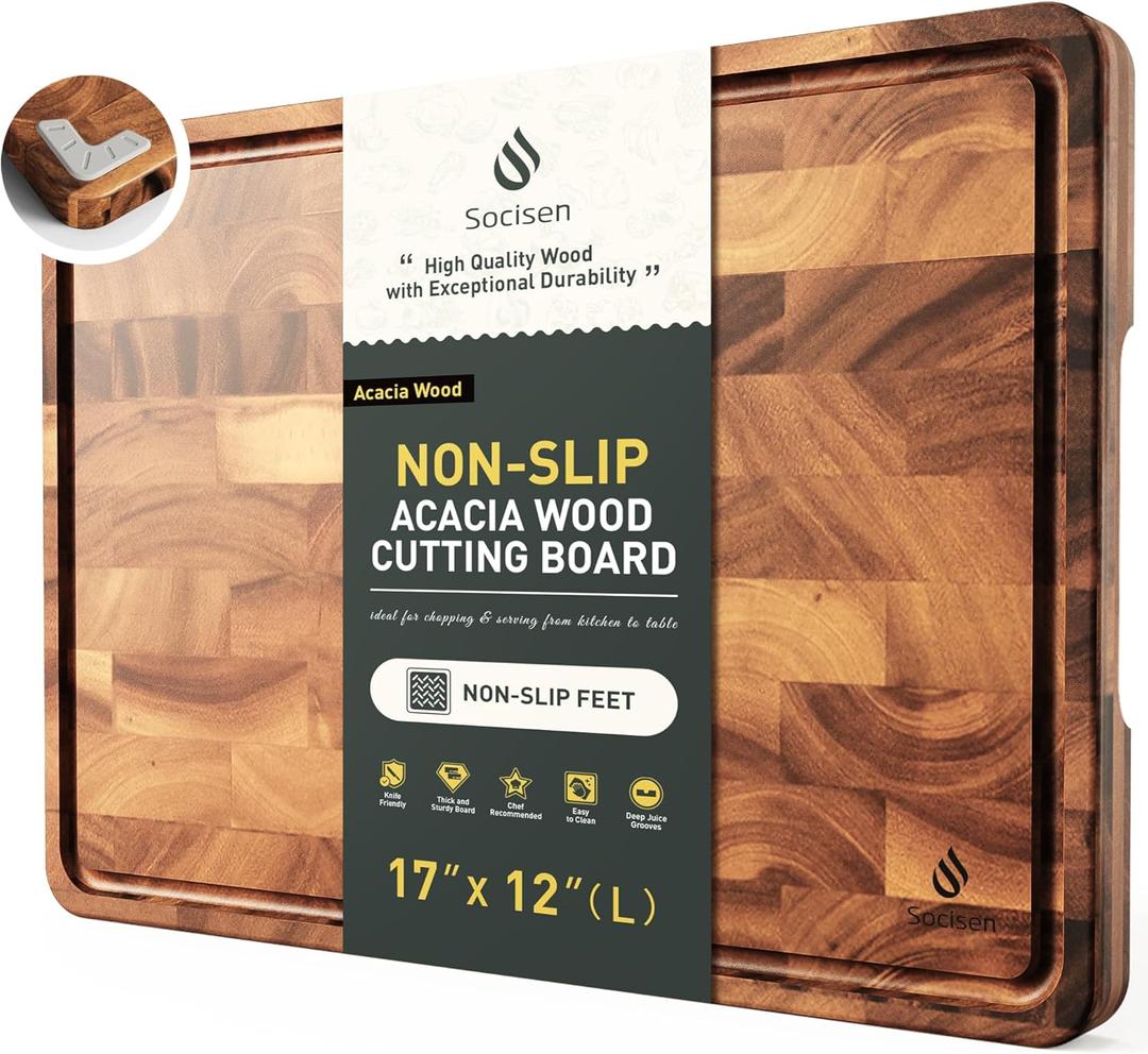 End Grain Cutting Board for Kitchen with Non-slip Feet, Acacia Wood Heavy Duty Checkered Cutting Board Upgraded Chopping Board with Juice Groove & Handle Large Wooden Butcher Block with Gift Box