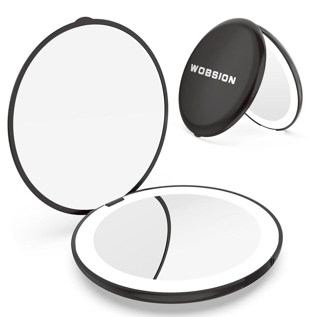 WOBSION Travel Compact Mirror, Portable 1x/ 10x LED Makeup Mirror with Magnification, Handheld 2-Sided Pocket Mirror, 3.5in Small Mirror for Purse, Handbag, Gift, Black