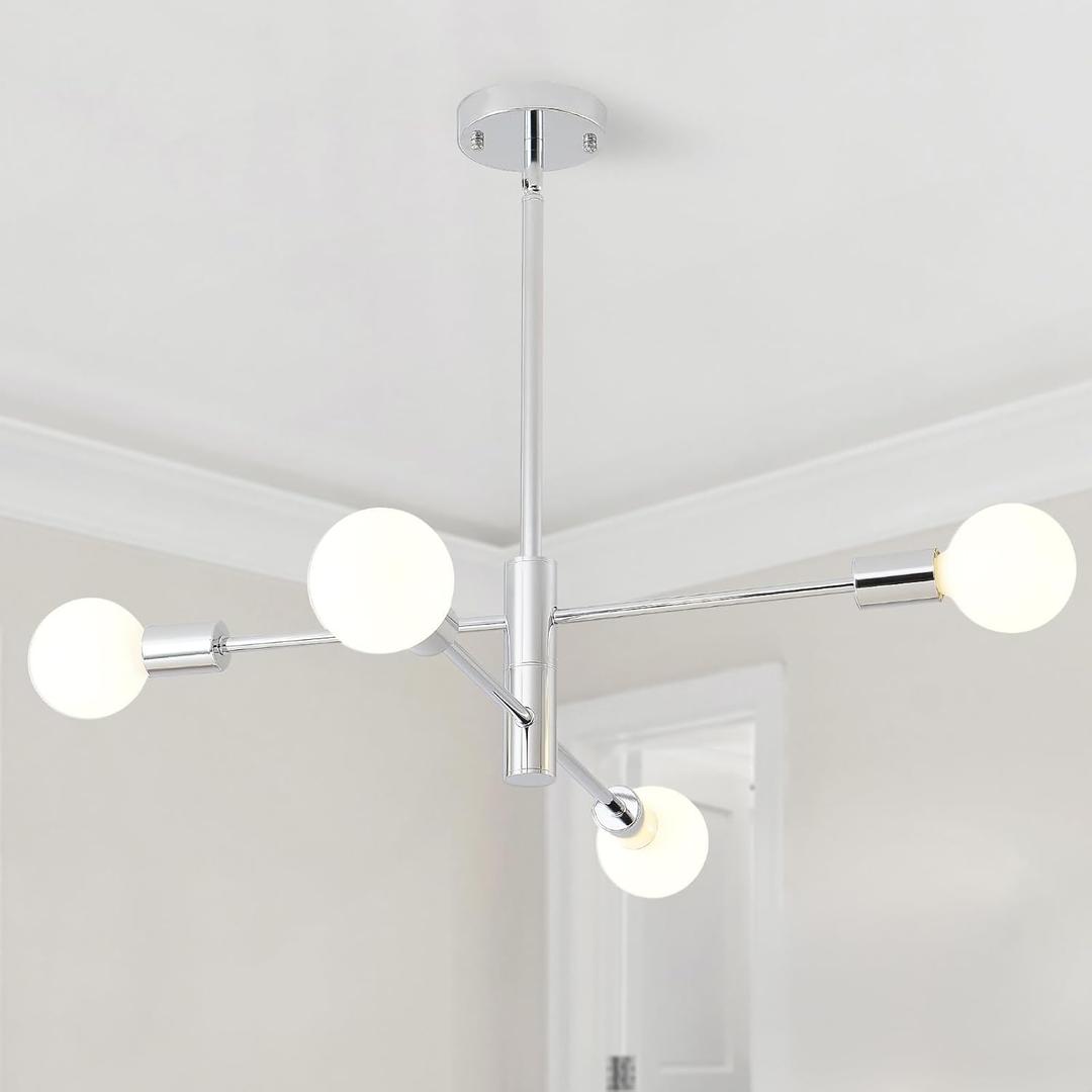 HHR Modern Sputnik Chandelier, Industrial 4-Light Chrome Ceiling Chandelier, Mid Century Light Fixture for Farmhouse Dining Room, Height Adjustable Chandeliers for Kitchen Island