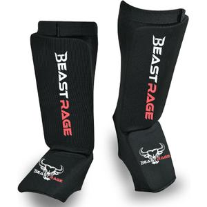 BEAST RAGE Shin Guards for Muay Thai, Kickboxing, MMA Leg Guards Martial Arts Taekwondo, Boxing, Elasticated Sock Padded Leg Instep Pads, Shin Pads,Sparring Training, Karate BJJ (Small,  Black/ Red)