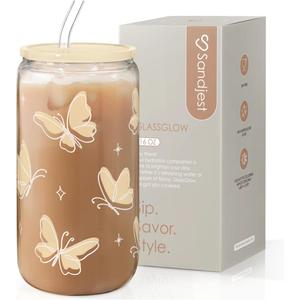SANDJEST Butterfly Glass Can, Iced Coffee Aesthetic,Cup, Gifts for Christmas Birthday, Gift for Women Girls, 16oz