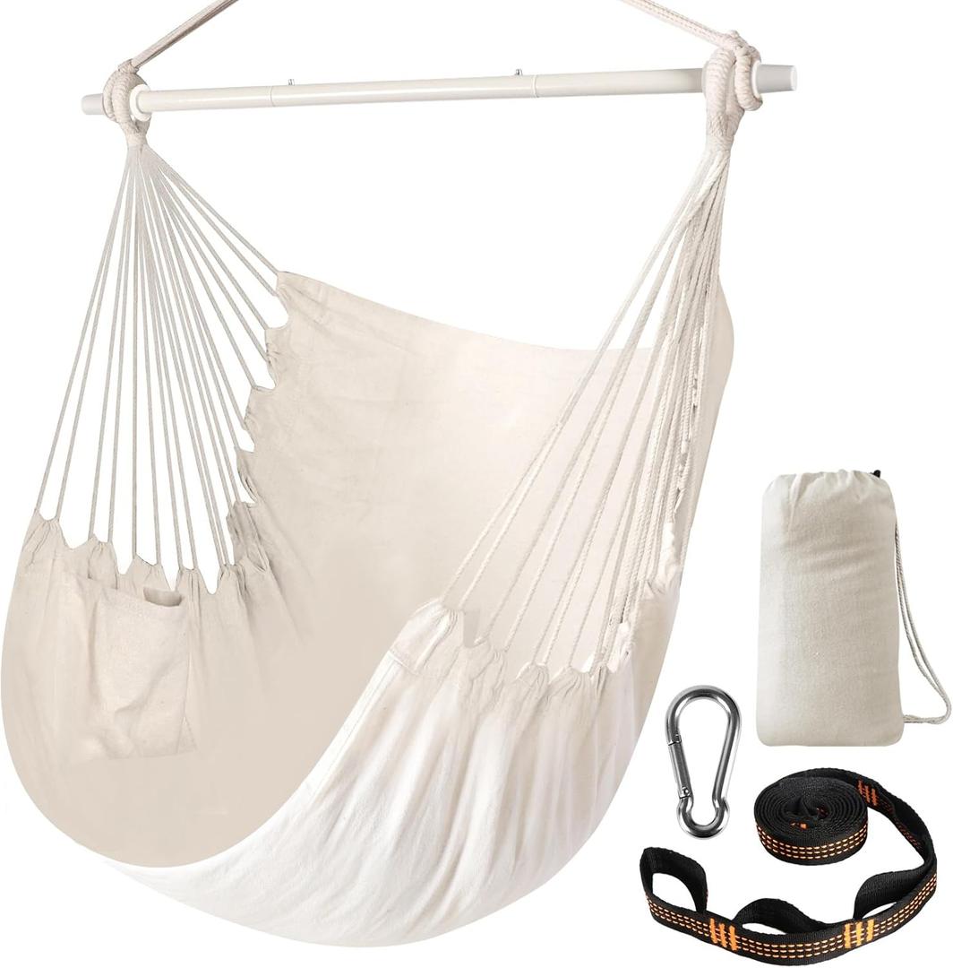 Chihee Hammock Chair Swing Chairs Strong Metal Collapsible Spreader Bar Portable Hanging Chair Max 500 lbs Comfy Seat Patio Lawn Cotton Blended for Superior Comfort Durability Indoor Outdoor (Creamy White)