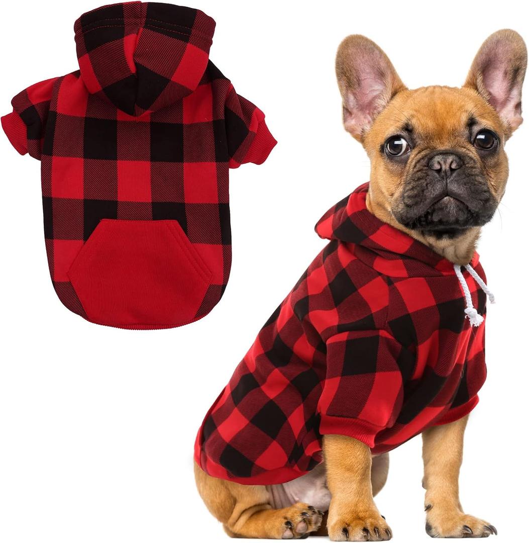 EXPAWLORER Plaid Dog Hoodie - British Style Warm Dog Sweater Shirt with Leash Hole,Pitbull Clothes Outfits,Winter Coat Apparel for All Breeds Puppy Girl Boy-Cat Apparel,Buffalo Check Medium