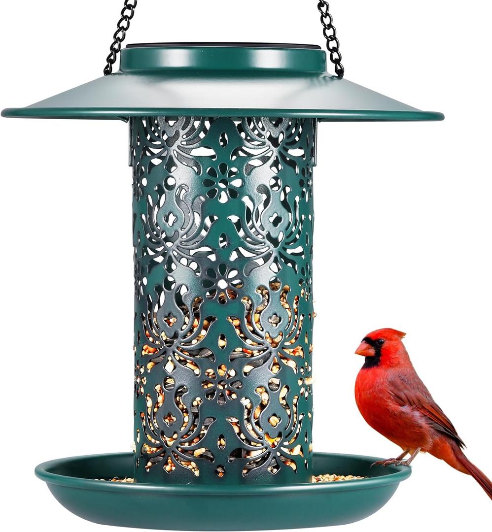 SWEETFULL Solar Bird Feeders for Outside Metal Outdoor Hanging,Wild feeders as Gift Ideas Lovers Garden Yard Patio Cardinals (Chew-Proof,Heavy Duty Weather Resistance 2LBs) (7.5"x 7.5")