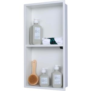 24 x 12 in Recessed Shower Niche with Double Shelves, Matte White Stainless Steel Wall Insert, No Tile Needed, Leakproof Built-in Storage for Bathroom, Kitchen