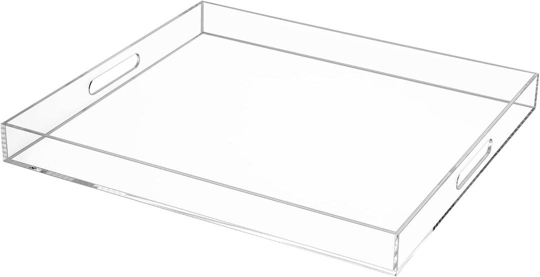 Clear Rectangular 18x20 Inches Acrylic Ottoman Tray Decorative Serving Tray with Cutout Handles Organizer Tray on Coffee Table Countertop Big Breakfast Bed Tray Living Room Appetizer Serving Food