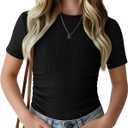 Girls Short Sleeve Ribbed Knit Shirts | Ruched Top, Slim Fit, Casual Crewneck, Basic Tee, Summer, Back to School (Black)