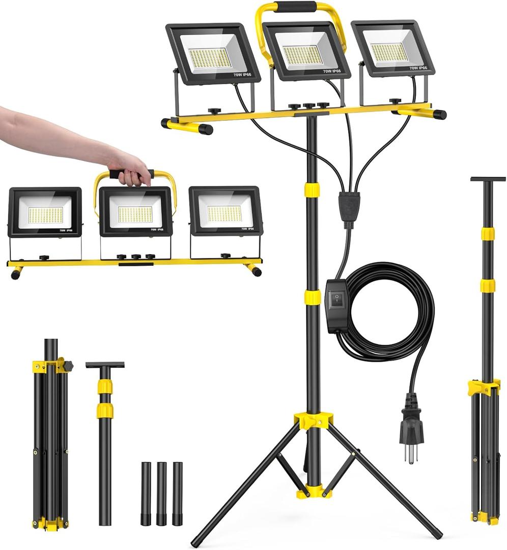 Upgraded LED Work Lights with Stand, 21000 Lumen 3-Head Adjustable Work Light, IP66 Waterproof Construction Tripod Light, Foldable & Portable Work Lights for Garage, Job Site, Outdoor Use (Black)