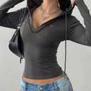 Women Solid Slim Drawstring Hooded Sweatshirt Long Sleeve V Neck Crop Tops Spring Fall Chest Pockets Pullover Blouse, Small