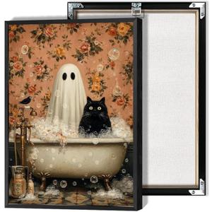 horakey Vintage Ghost And Black Cat In Bathtub Posters Cute Bubblebath Flower Canvas Wall Art Spooky Halloween Prints Painting For Bathroom Home Bedroom Dorm Wall Decor 12x16in Unframed