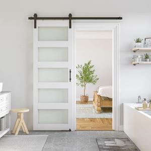 SmartStandard 26 x 84 in Glass Barn Door with 5FT Sliding Hardware Kit & Handle, Pre-Drilled Ready to Assemble, Waterproof PVC Coating, White, 5-Panel Glass