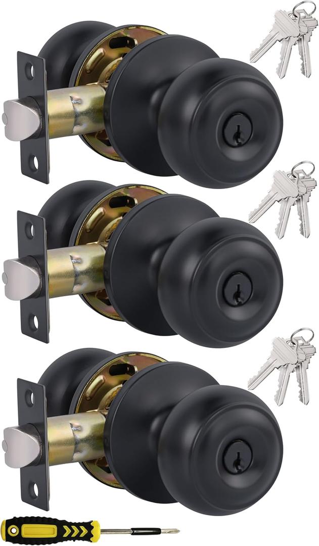 (3 Pack) Entry Door Knobs with Lock and Keyed Alike, Interior/Exterior Flat Ball Door Locks for Bedroom/Bathroom/Front/Offic Doors, Matte Black Finish