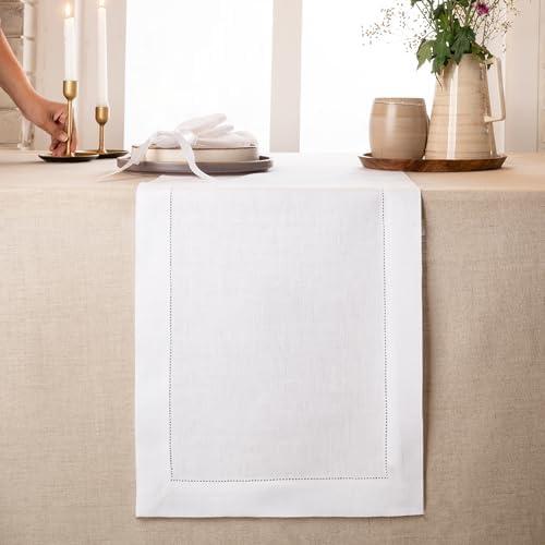 D'Moksha Homes Linen White Table Runner 90 Inches Long - Classic Hemstitch 100% Pure Linen White Dining Table Runner 14 x 90 Inch for Summer, Fall and Halloween