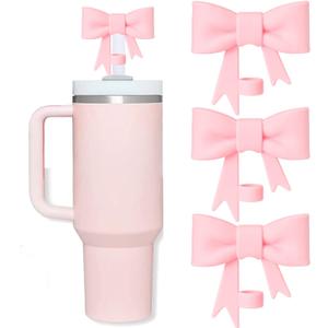 2 x Bow Straw Covers Cap Toppers Compatible with Stanley Tumbler Cups, Cute Pink 10mm Reusable Silicone Straws Topper for 40oz Tumbler with Handle, Stanleys Cup Accessories,3Pcs (A09-3Pack)