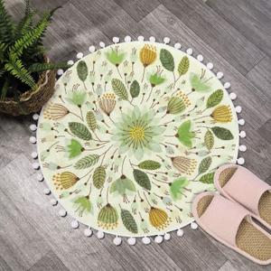 Uphome Small Round Rug 2 Circle Cute Bath Mat with Pom Poms Fringe Floral Plant Washable Bathroom Rugs Soft Non-Slip Circular Throw Rug Carpet for Shower Sink Powder Room Nursery Bedroom Table, Green