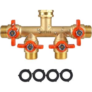 4 Way Brass Hose Splitter Full Flow with Metal Handle - Heavy Duty Spigot Splitter with Shut Off Valve, 3/4" GHT Garden Tap Connector