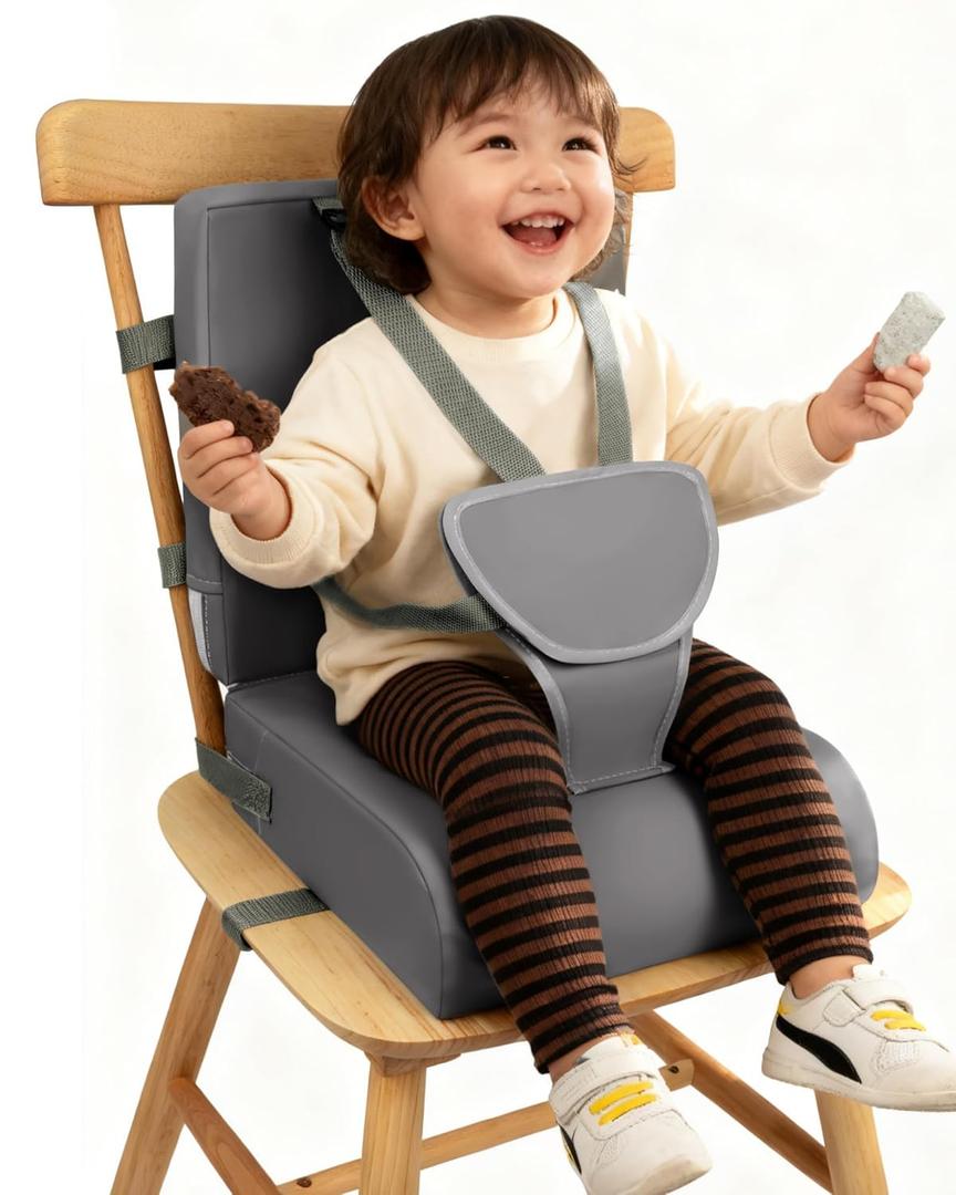 Toddler Booster Seat for Dining Table Kitchen Chair, Non-Slip with Backrest and Adjustable Straps, Portable Travel Child Kids Booster Seat for Eating, Dark Grey