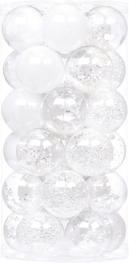 Sea Team Shatterproof Clear Plastic Christmas Ball Ornaments Decorative Xmas Balls Baubles Set with Stuffed Delicate Decorations (60mm/2.36 inch 30-Pack, White)