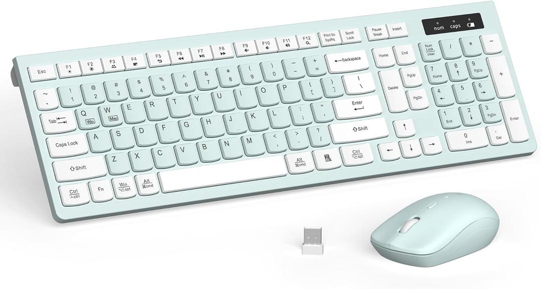 Wireless Keyboard and Mouse Combo, Full-Sized Wireless Keyboard and Adjustable DPI Mouse, 2.4GHz USB Receiver, Keyboard and Mouse for PC, Windows, Desktop, Laptop (Mint Green and White)