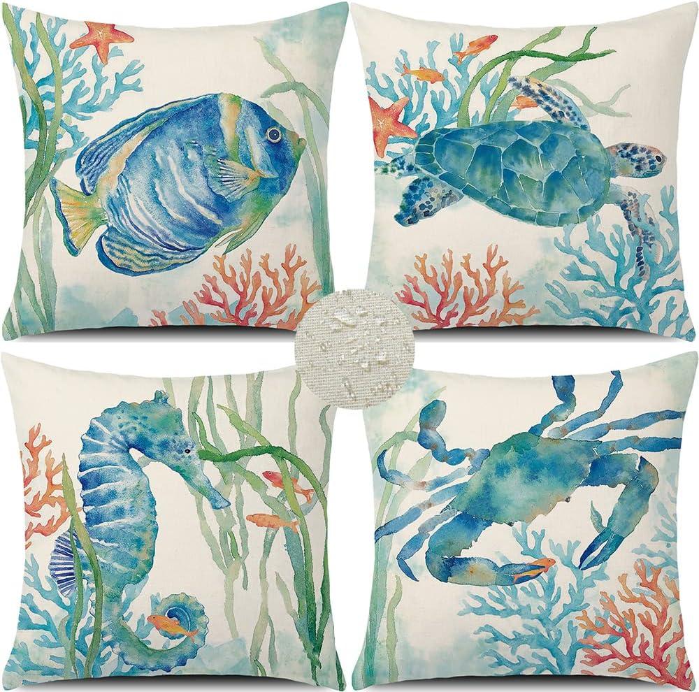 GTEXT 16x16 inch Set of 4 Ocean Beach Outdoor Throw Pillow Covers Waterproof Sea Coastal Theme Decor Cushion Square Pillowcase inch Beach Pillows for Patio Couch Sofa Turtle Crab Seahorse Fish