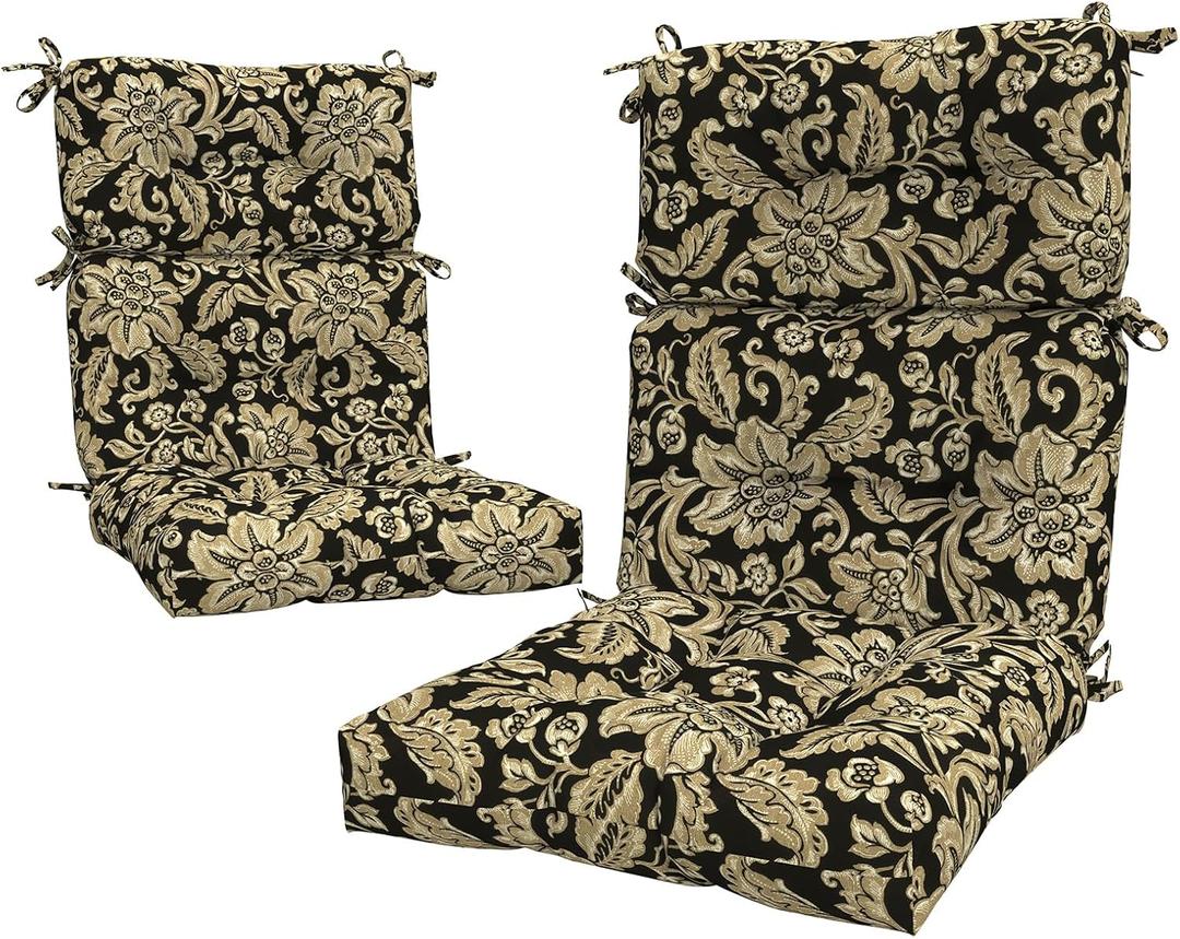 LVTXIII Outdoor High Back Chair Cushions 2 Pack, 44"x20"x4" Outdoor Patio Cushion Set with Ties, All Weather Thick Tufted Seat Cushions for Deep Seat & Rocking Chairs, Jacobean Black