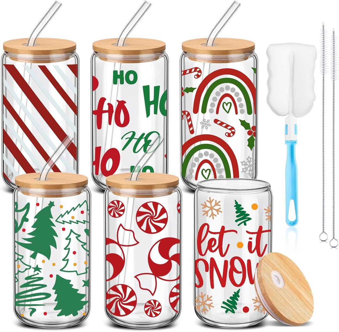 6 Pcs Christmas Glass Cups Gifts Bulk with Bamboo Lids and Straws 16 oz Candy Cane Snowflake Striped Iced Coffee Mugs Holiday Glass Tumblers Christmas Stuff for Women Men Coworker Family