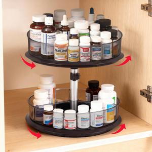 2 Tier Medicine Cabinet Organizer, Rotary Turntable Organizer for Medicine and Vitamin Bottles, Under Sink Organizer for Medicine, Bathroom Cabinet Storage, Tray has Removable Dividers, Easy Assembly, 
Clear-grey