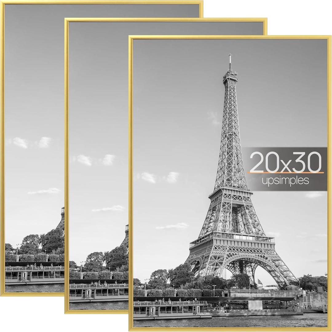 upsimples 20x30 Picture Frame Gold 3 Pack, Scratch-Proof Poster Frames 20 x 30 for Photo Gallery - Slide-In Strips, Horizontal or Vertical Wall Mounting
