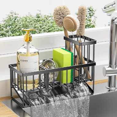 Cisily Turquoise Sponge Holder for Kitchen Sink, Sink Caddy Organizer with High Brush Holder, Kitchen Countertop Organizers and Storage Essentials, Rustproof 304 Stainless Steel, Soap Dispenser