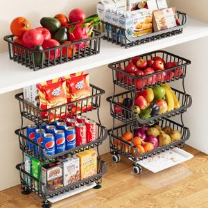 3 Tier Rolling Pantry Floor Organizers and Storage Cart with Wheels, Stackable Wire Fruit Basket Stand for Kitchen Organization, Three Tiered Pantry Storage Rack for Snack, Vegetable, Produce, Fruits, 1 Count