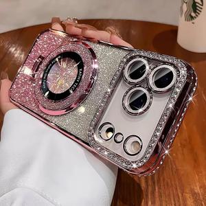 Luxury Bling Diamond Case for iPhone 17 Pro Max 6.9" - Clear Transparent Back with Glitter Card & Sparkling Rhinestones, Magnetic Kickstand, Shockproof Protection - Dazzling Cover for Women, Pink