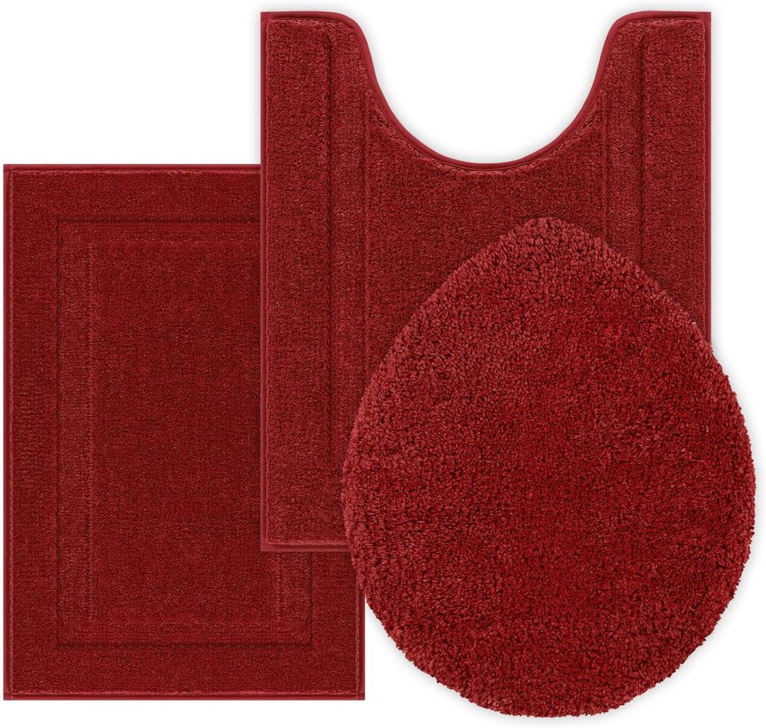 SHACOS Bathroom Rugs Sets 3 Piece with Toilet Lid Cover, Non Slip Absorbent Small Bath Mats 16"x24" U Shape Contour Mat Soft Microfiber Shaggy Machine Washable Christmas Bathroom Carpet (Red)