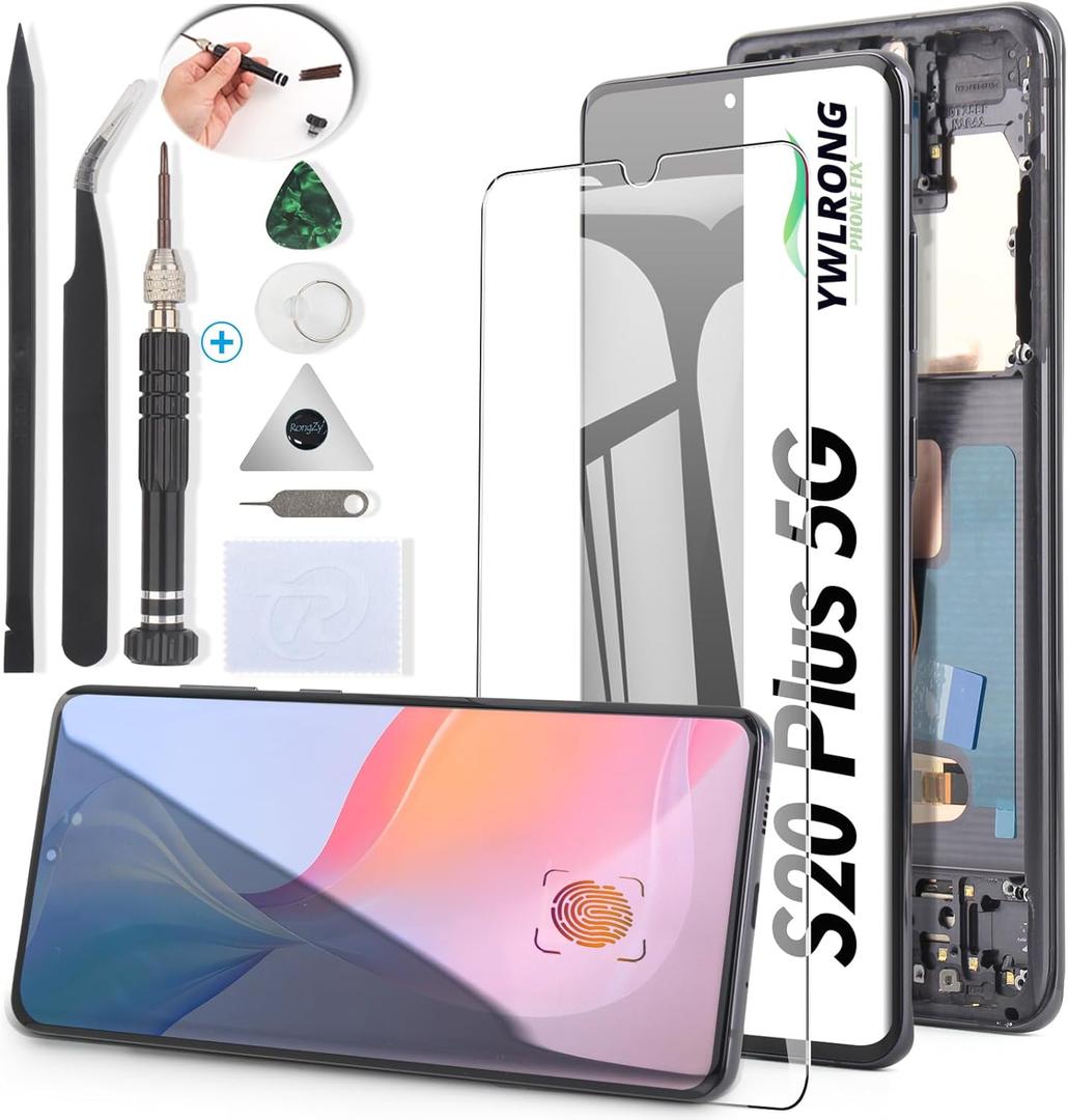 OLED Screen for Samsung Galaxy S20 Plus 5G G986 Screen Replacement for Samsung Galaxy S20 Plus G985 LCD Display Touch Screen Digitizer Assembly Replacement with Toolswith Fingerprint, Black Frame