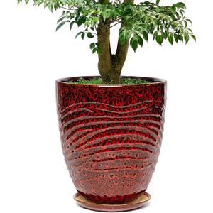 11.8 Inch Modern Ceramic Plant Pot with Saucer, Flower Pot with Drainage Hole Mesh Net,Indoor Outdoor Planter (Speckle Red)