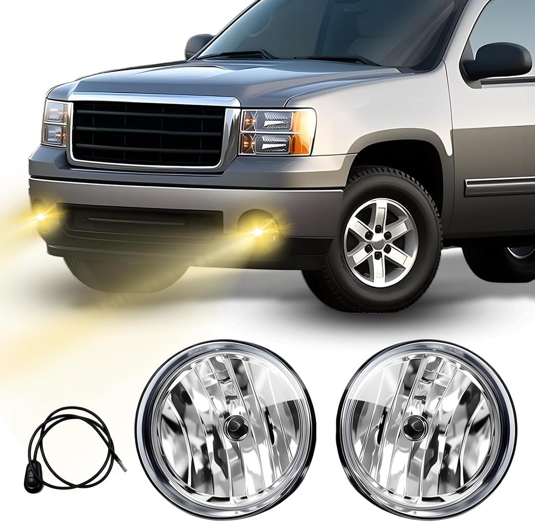 Fog Lights Assembly Compatible With GM 2007-2013 GMC Sierra 1500/2007-2014 Sierra 2500HD 3500HD Front Bumper Driving Fog Lamp